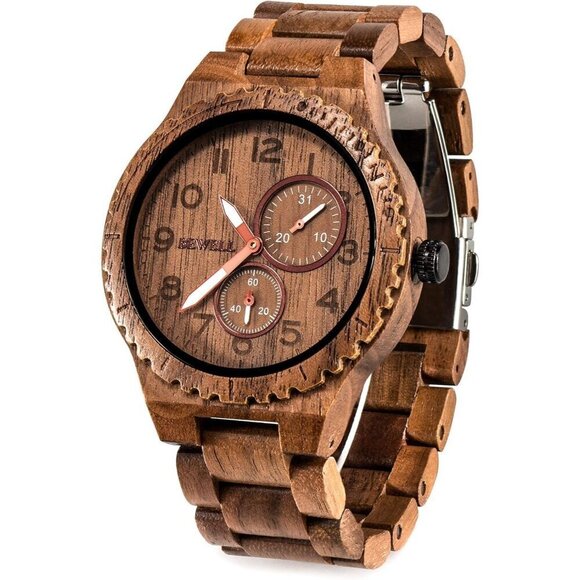 ✨ Bewell Analog Quartz Men Brown Retro Handcraft Lightweight Wooden Wristwatch - Picture 1 of 6